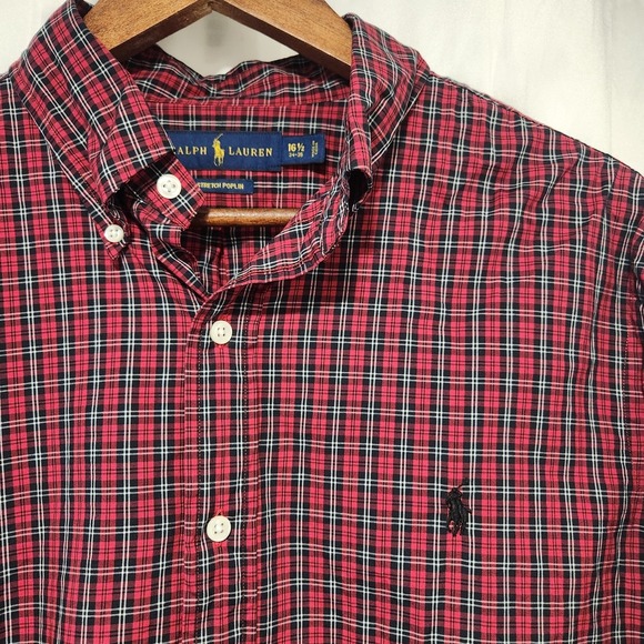 Ralph Lauren Shirt Mens Med 16.5 Classic Poplin‎ Red Black Plaid L/S Button Down - Picture 2 of 3